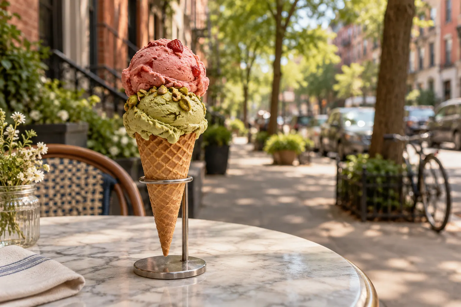 A pistachio and strawberry gelato cone on a leafy city terrace